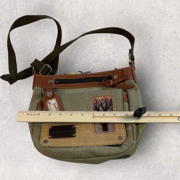Sherpani Crossbody Purse Canvas Leather Trim Boho Tree Patch Green Brown Bag - Picture 8 of 12